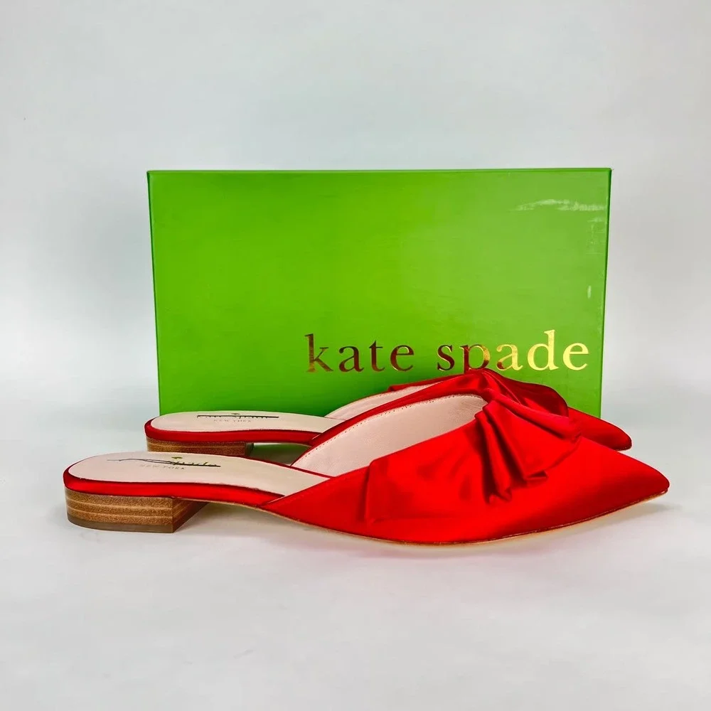 Kate Spade Faryn Red Satin Bow Pointed‎ Toe Mules Flats Size 8.5